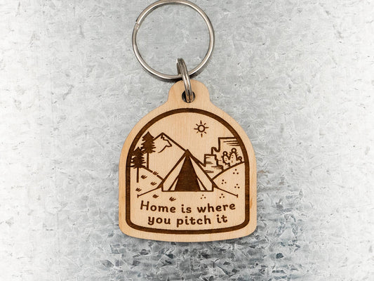 Home Is Where You Pitch It Wood Keychain